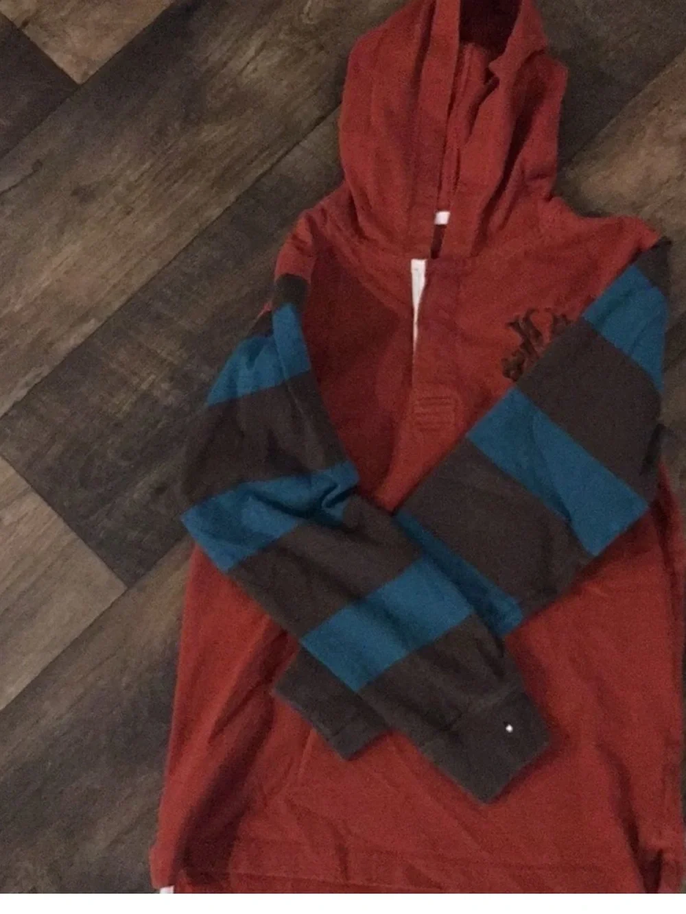 Old Navy Rust Hooded Sweatshirt with Teal and Brown Stripe Sleeves